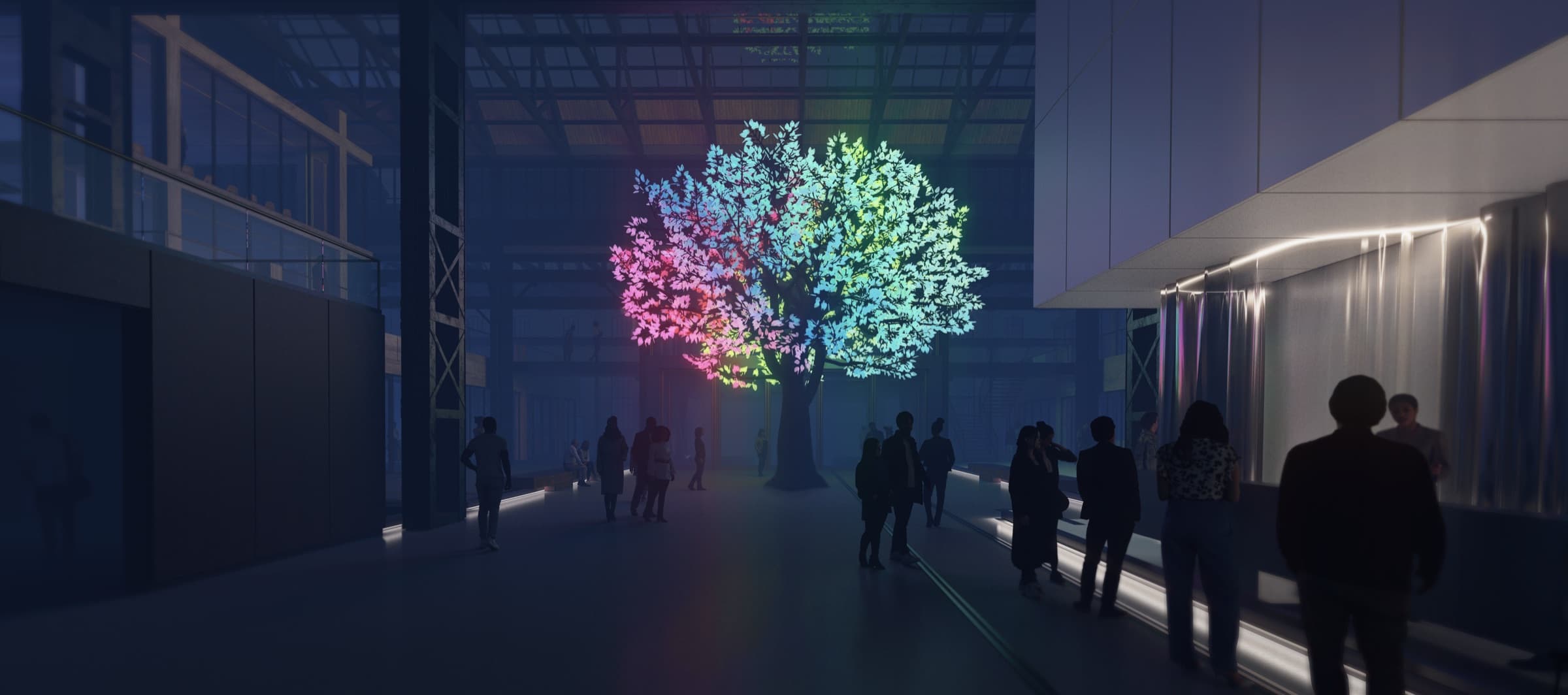 Impressie van het lichtkunstwerk onder de monumentale kap van de hallen